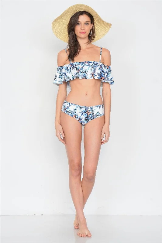 Fringed bikiniBlue Tropical Frill Cami & Mid-Rise Bikini Set  /2-2-1