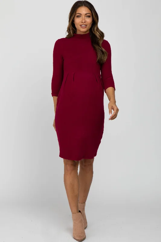 Burgundy Brushed Mock Neck Fitted Maternity DressStriped Dress