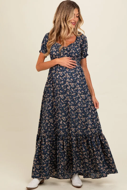 Navy Blue Floral Button Accent Maternity Maxi DressRunning Dress