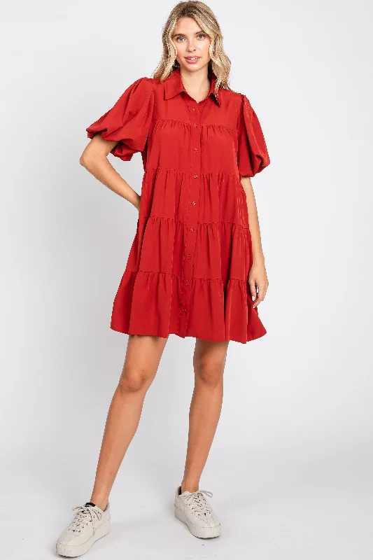 Rust Puff Sleeve Mini Shirt DressRunning Dress