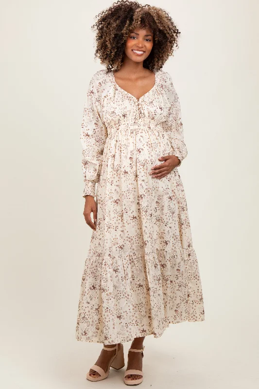 Cream Raglan Sleeve Floral Button Maternity Maxi DressCap-sleeve Dress