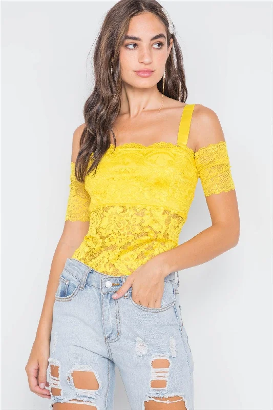 CamisolePhoenixNeon Yellow Cami Off-The-Shoulder Floral Lace Bodysuit /2-2-2