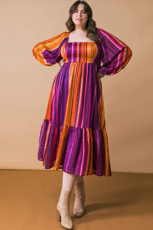 Plum Striped Metallic Yarn Plus Midi DressPuff-sleeve Dress