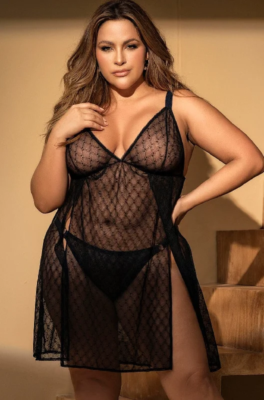 Geometric Mesh Babydoll with Side Slits