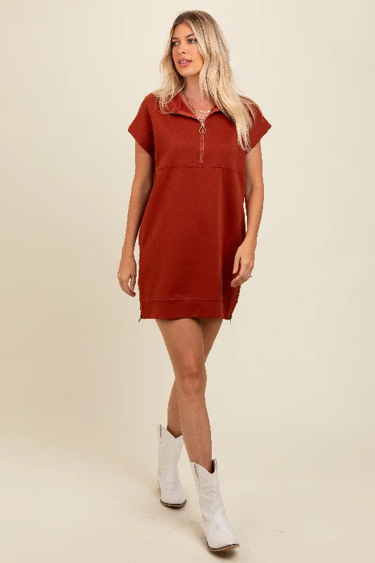 Rust Knit Half Zip Mini DressT-shirt Dress