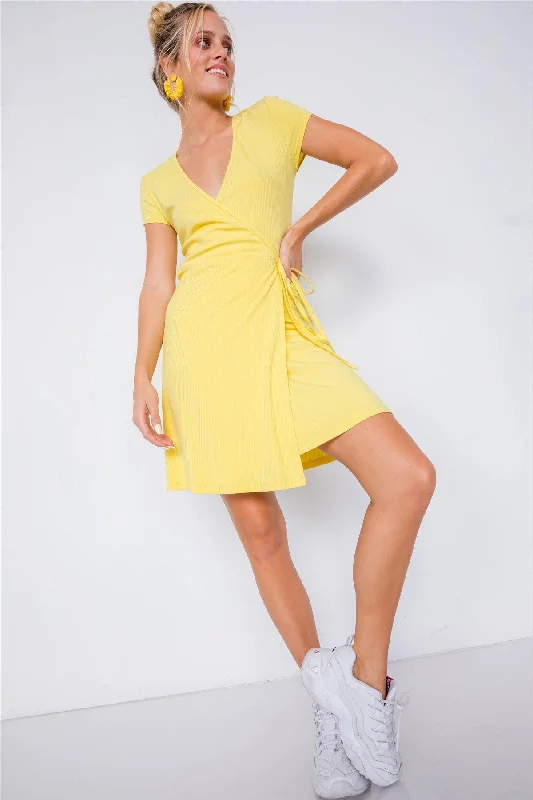 Yellow Cotton Ribbed V-Neck Casual Wrap Mini Dress /3-2-1Business Dress