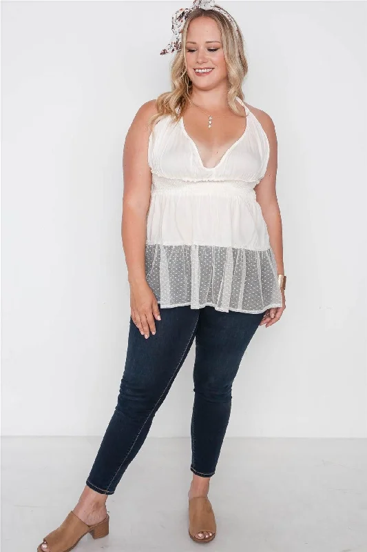 Plus Size Ivory Smocked Combo Mesh Top /1-1-1