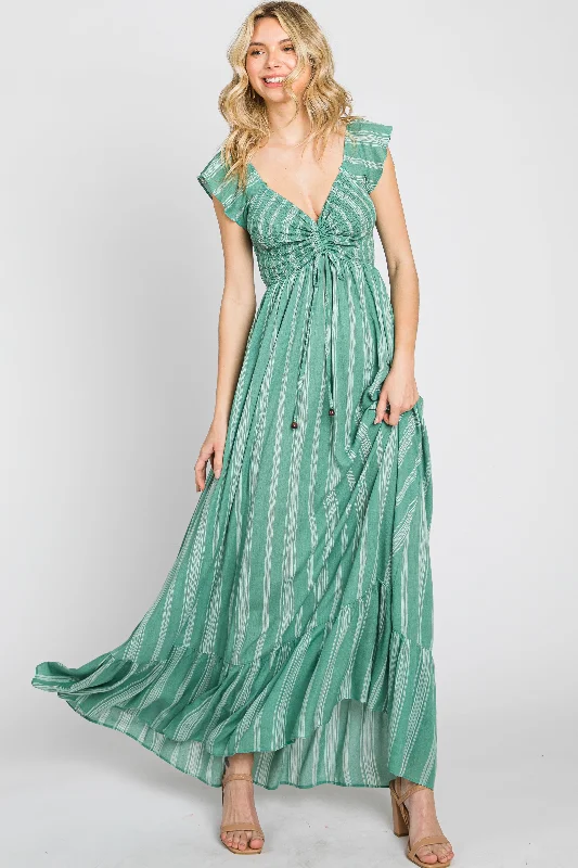 Green Striped Off Shoulder Front Tie Maxi DressWaterproof Dress