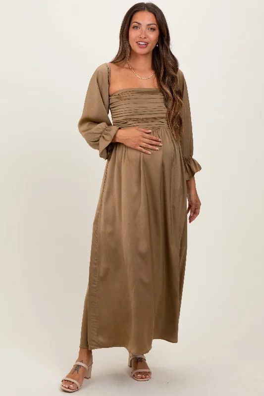 Olive Off Shoulder Satin Pleated Bodice Maternity Maxi DressOff-the-shoulder Dress