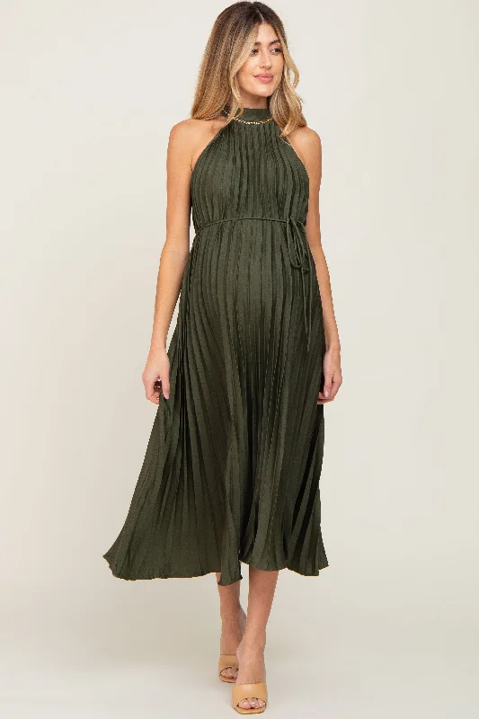 Olive Pleated Maternity Halter DressFit-and-Flare Dress