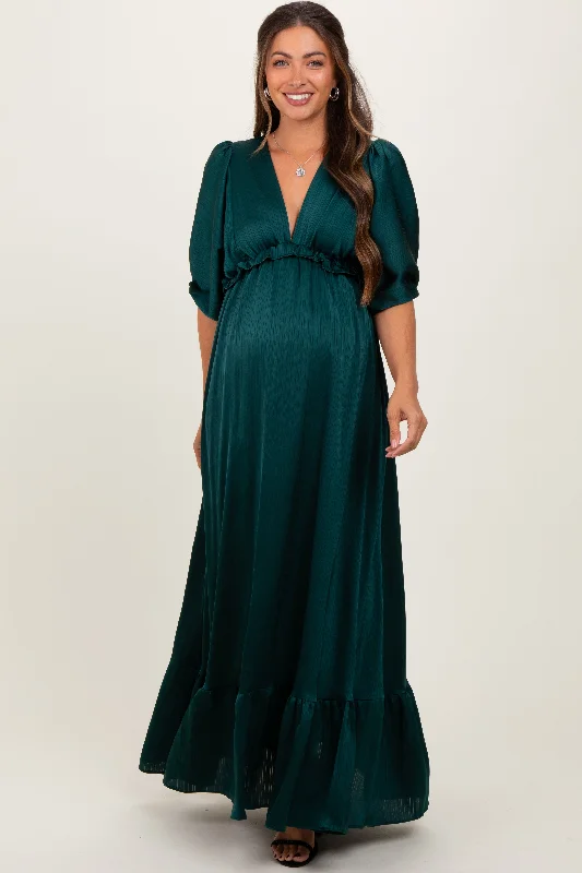 Forest Green Striped Ruffle Accent Maternity Maxi DressVictorian Dress