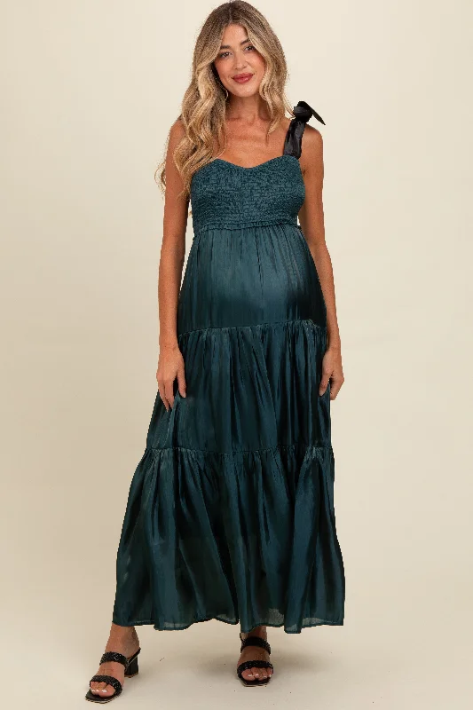 Teal Tiered Satin Tie-Strap Maternity Maxi DressLong-sleeve Dress