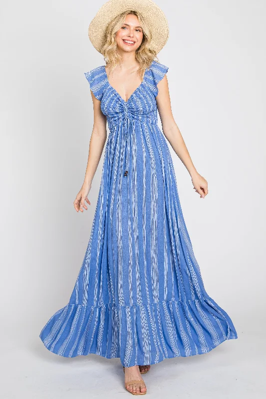 Blue Striped Off Shoulder Front Tie Maxi DressCrinoline Dress