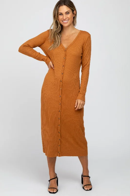 Rust Ribbed Button Front Midi Cardigan DressHigh-low Dress