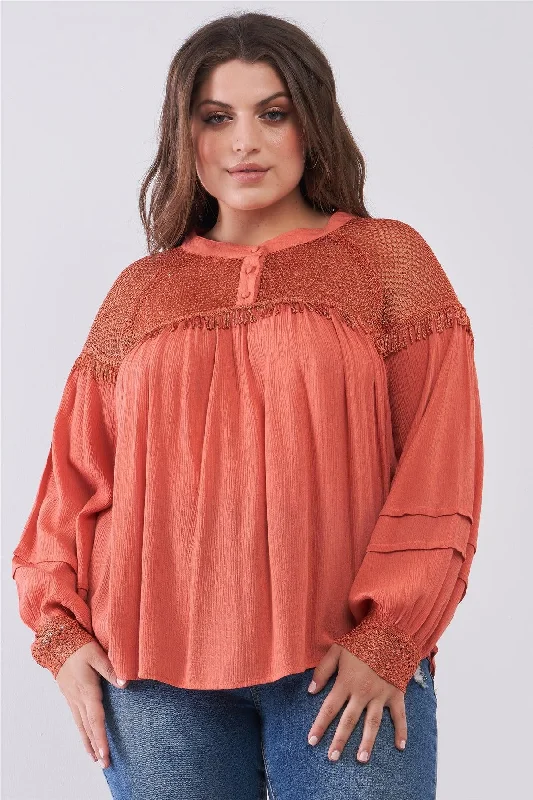 Junior Plus Size Mango Boho Sheer Net Mesh Balloon Sleeve Detail Relaxed Top /2-2-2