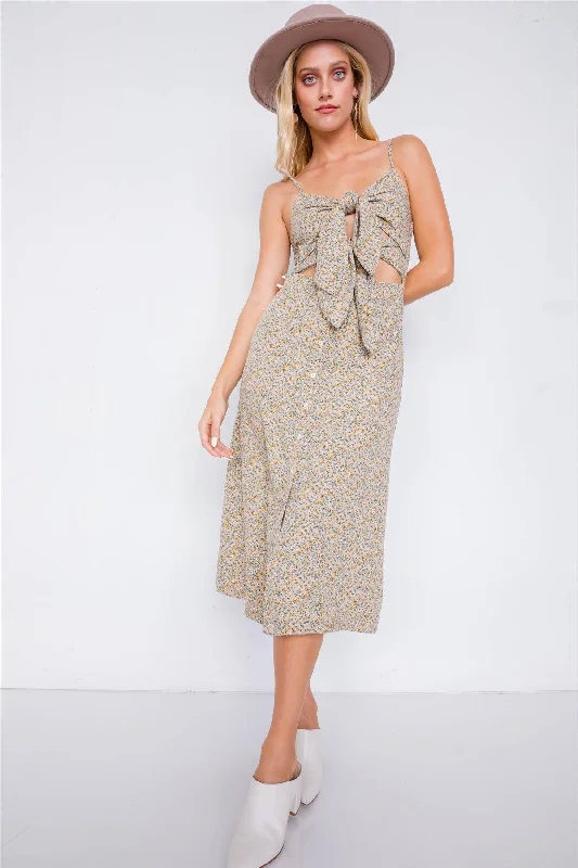 Beige Minimalist Floral Print Center Cut Out Chic Midi Dress /3-2-1Leather Dress