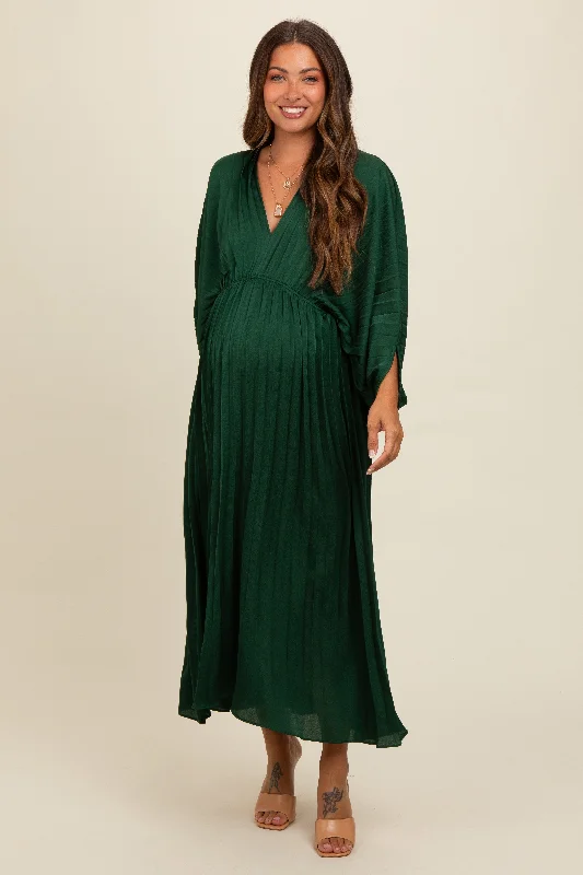 Forest Green Satin Pleated V-Neck Maternity Maxi DressTactical Dress