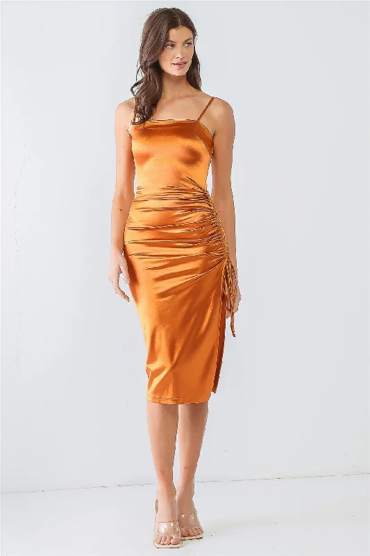 Rust Satin Strappy Ruched Side Slit Midi DressWaterproof Dress