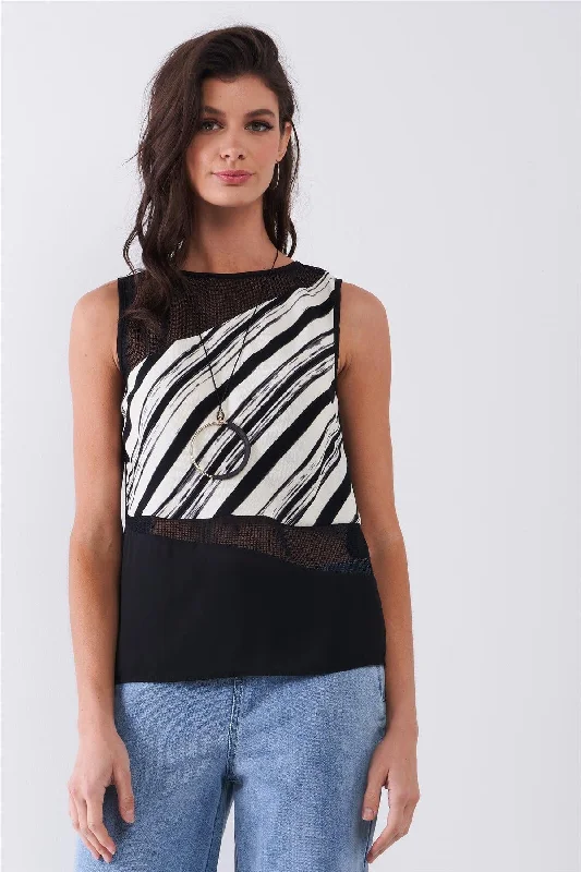 Black & Cream White Brushstroke Print Sleeveless Net Mesh Cut-Ins Back Slit Detail Top /1-2-2-1