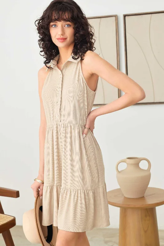 Sleeveless Collared Button Down Ruffle Hem Knee Length DressModern Dress