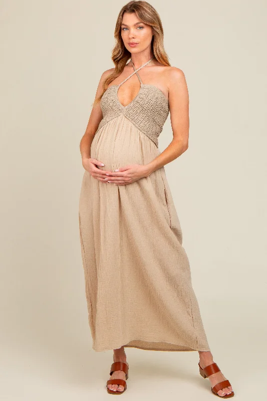 Beige Halter Crochet Top Maternity Maxi DressLong-sleeve Dress