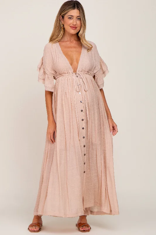 Light Pink Deep V-Neck Button Down Maternity Maxi DressParty Dress