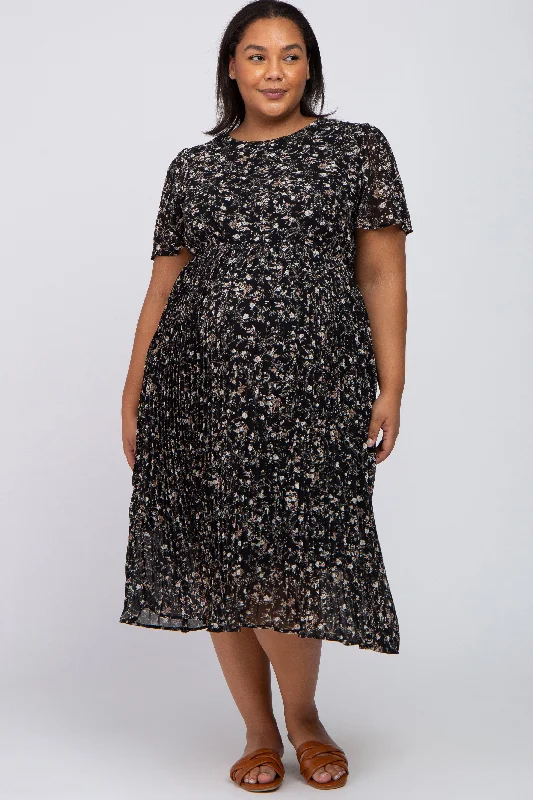 Black Floral Pleated Chiffon Maternity Plus Midi DressCocktail Dress