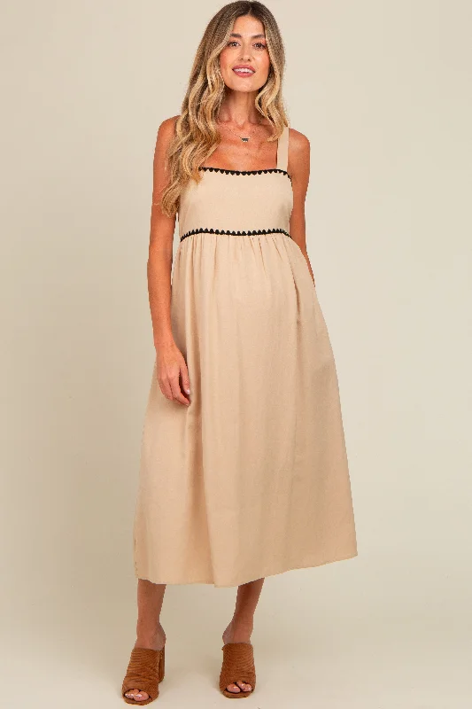 Beige Contrast Trim Maternity Midi DressLeather Dress