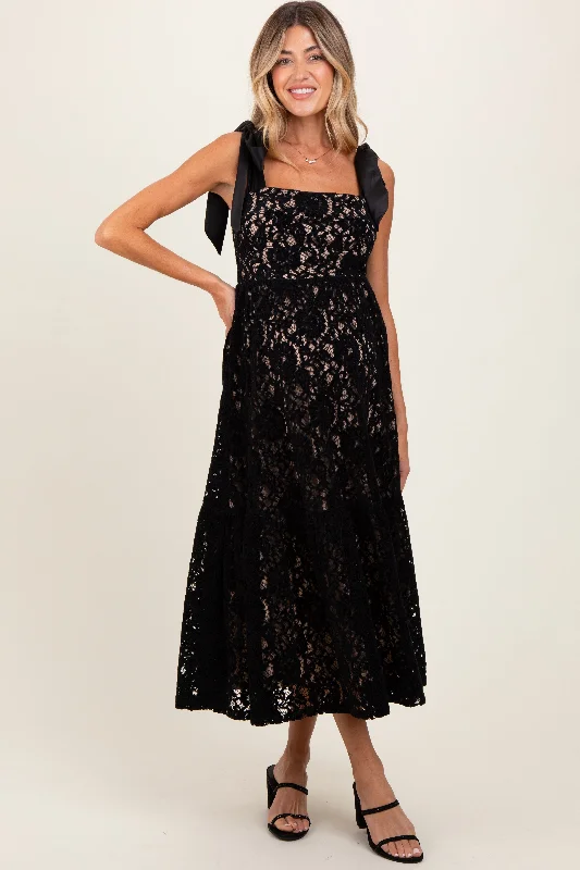 Black Velvet Lace Shoulder Bow Maternity Maxi DressRetro Dress