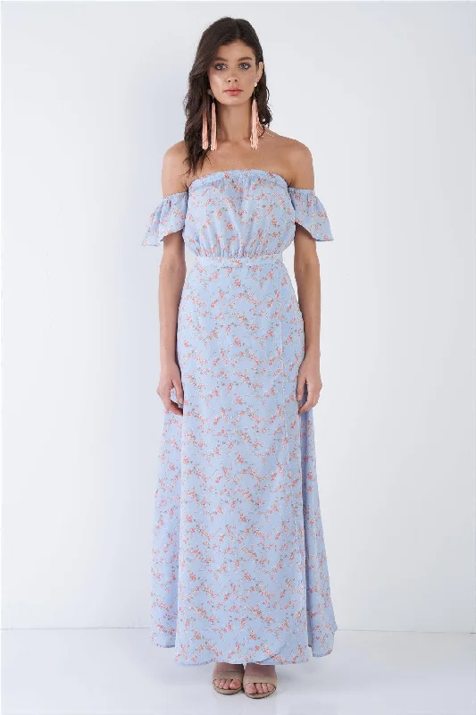 Sky Blue Boho Floral Off-The-Shoulder Maxi Dress   /4-2-1Designer Dress