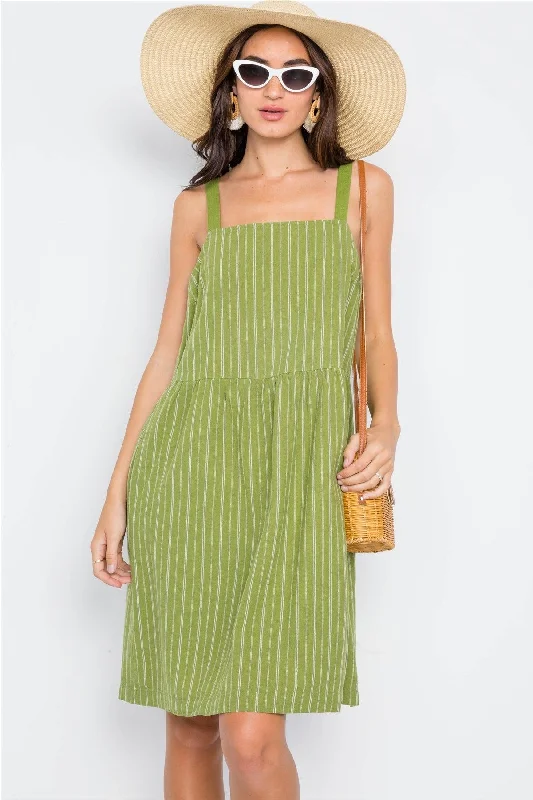 Green Sleeveless White Stripe Button Back Hemp Fern Dress / 1-3-1-1Military Dress