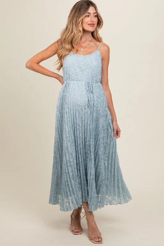 Light Blue Floral Pleated Maternity Maxi DressAsymmetrical Dress