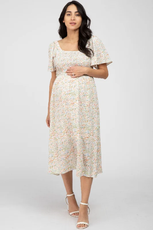 Cream Floral Smocked Square Neck Maternity Midi DressOff-the-shoulder Dress