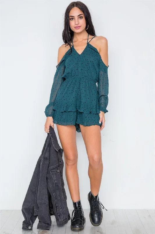 CamisoleNestForest Green Chiffon Cold Shoulder Cami Polka Dot Romper /2-2-1