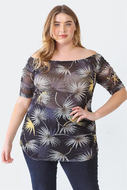 Junior Plus Black Palm Leaves Print Sheer Mesh Ruched Off-The-Shoulder Top /1-1-1