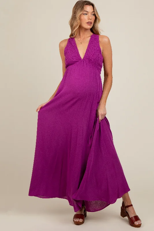 Violet Deep V-Neck Cross Back Maternity Maxi DressEvening Dress