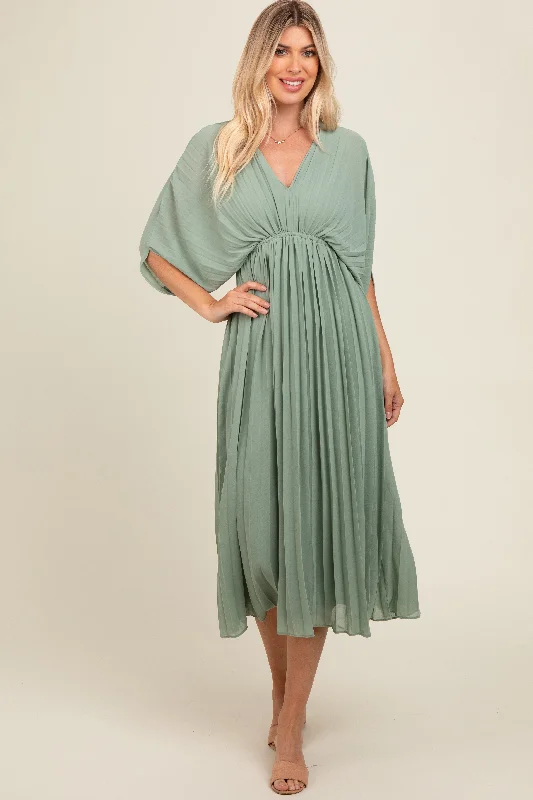 Light Olive Pleated V Neck Maxi DressGeometric Dress