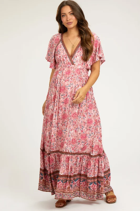 Pink Floral Flounce Sleeve Maternity Maxi DressShift Dress