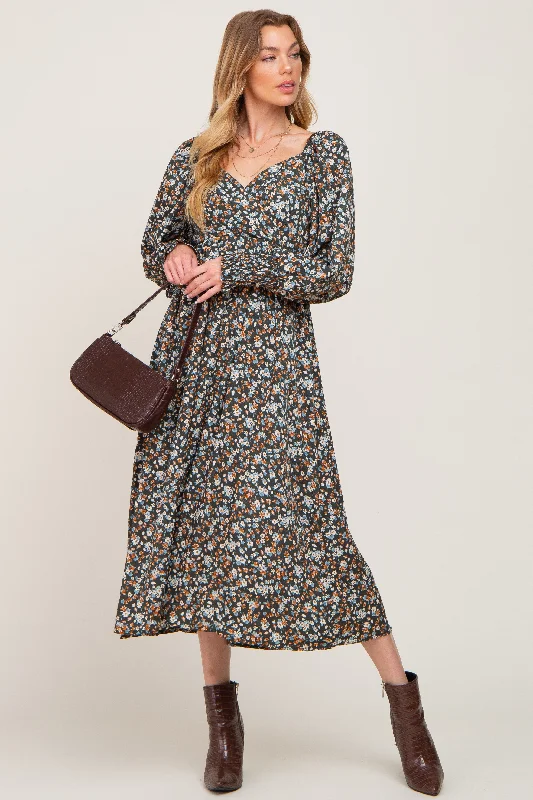 Forest Green Floral Midi DressEmpire Waist Dress