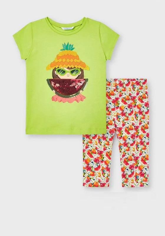 Mayoral Girls Fruit Print Two Piece Set, Green Multi