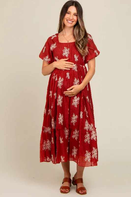 Rust Floral Print Ruffle Hem Maternity Midi DressTennis Dress