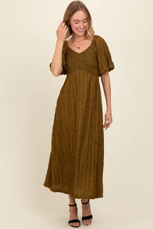 Olive Smocked V-Neck Short Puff Sleeve Textured Midi DressEmbroidered Dress