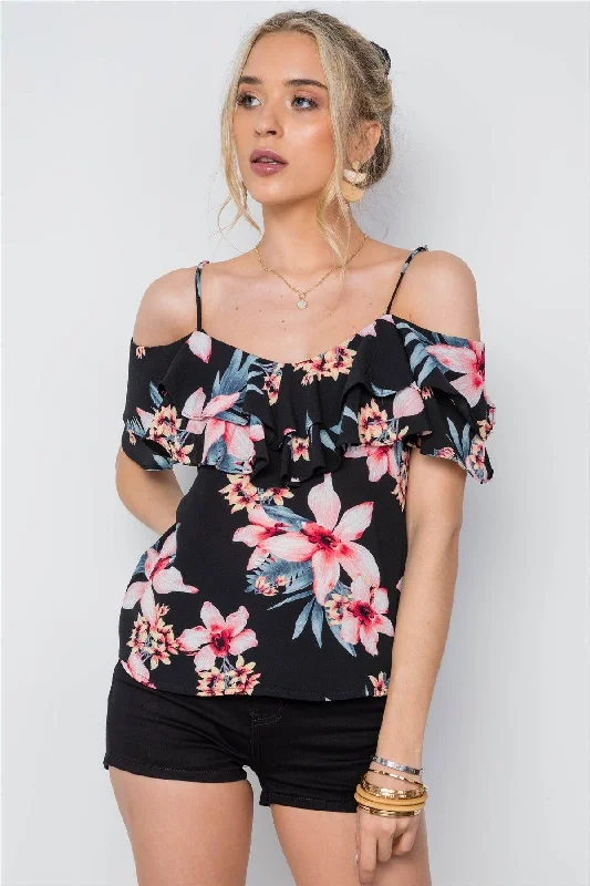 CamisoleQuasarBlack Tropical Floral Print Cami Flounce Coral /2-2